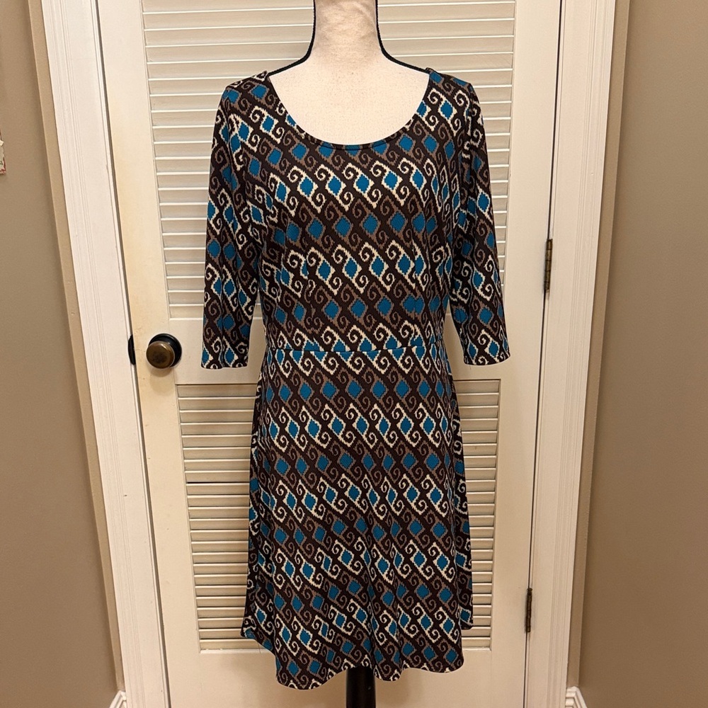 Carrie Allen Retro Geometric Patterned Dress in Turquoise and Brown, Size Large